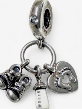 Pandora Silver Baby Booties Bottle and Heart Dangle Charm